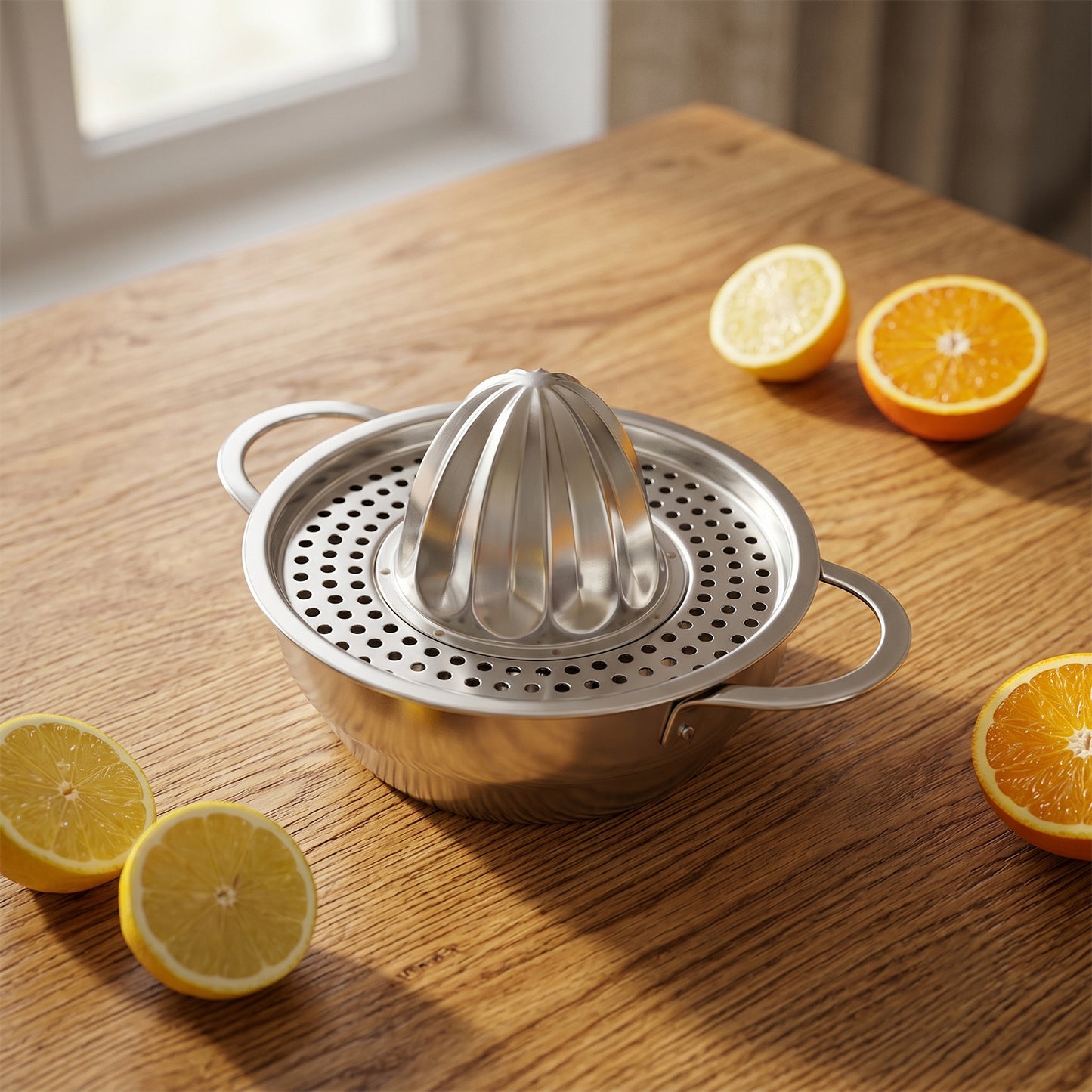 Stainless steel Wukusy citrus juicer with manual hand press for fresh orange and lemon juice, showing the juicing mechanism.