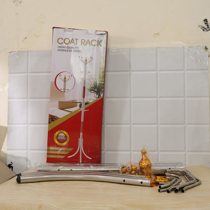Metal floor standing coat rack with multiple hooks by Wukusy, showcasing a sturdy clothes hanger stand for organization.