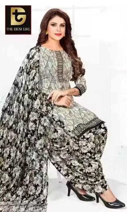 Women and girls crepe polyester printed unstitched suit with chiffon dupatta, featuring colorful floral patterns and intricate design details.