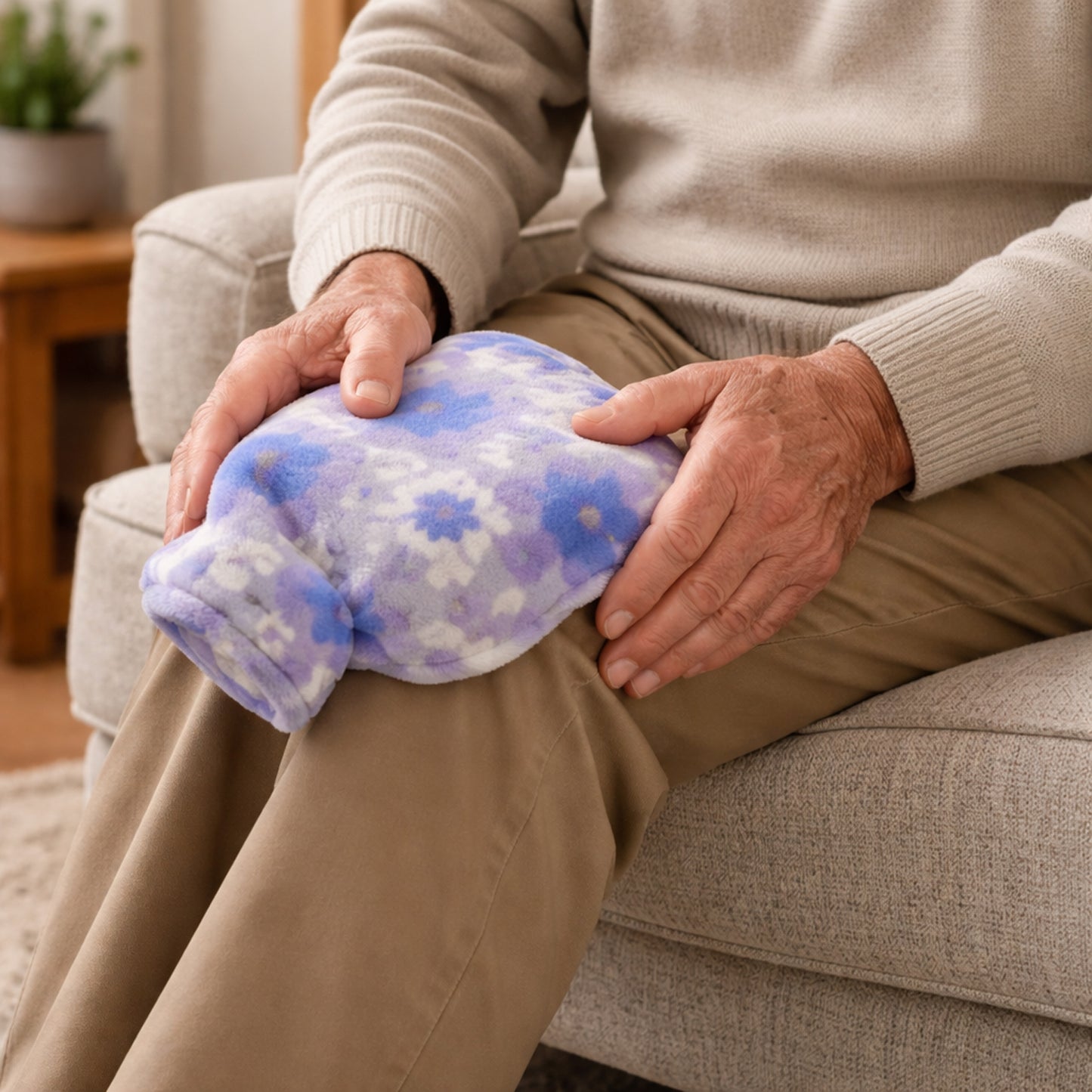 Wukusy floral printed soft plush hot water bag with matching cover, 19x12 cm, featuring colorful floral design and plush material.