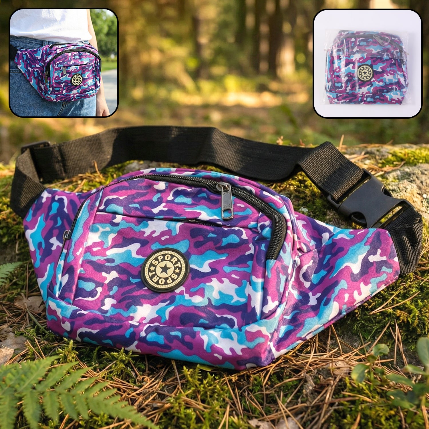 Wukusy camouflage print waist bag with adjustable strap and zipper closure, stylish accessory for casual outfits.