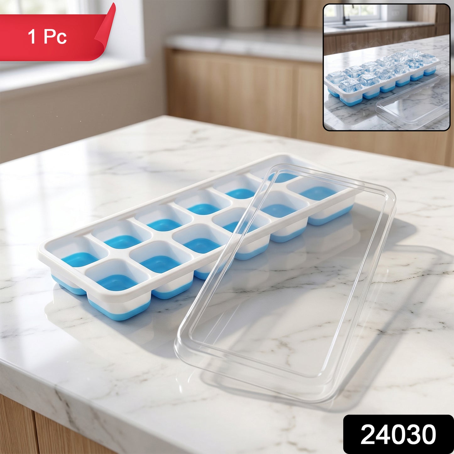 Blue Wukusy plastic ice cube tray with lid, 14-grid, versatile for making ice cubes and frozen treats.