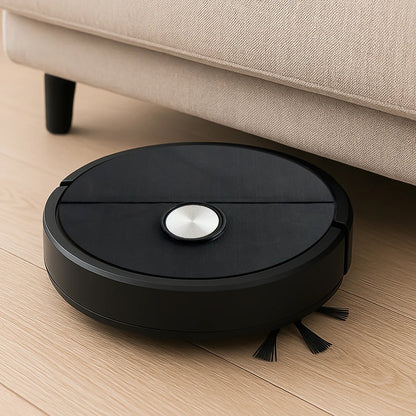 Wukusy vacuum cleaner sweeping robot for home, showcasing its round design and sensors on a clean floor.