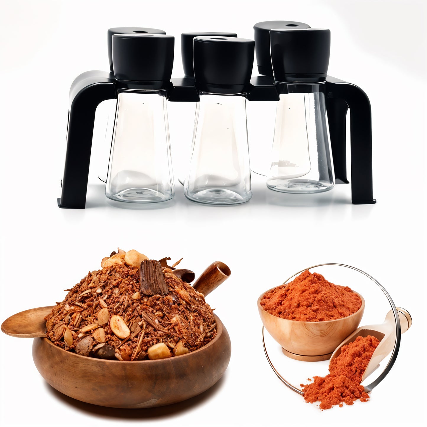Six-piece Wukusy plastic spice jar set with stand, featuring clear jars and a convenient countertop storage solution.