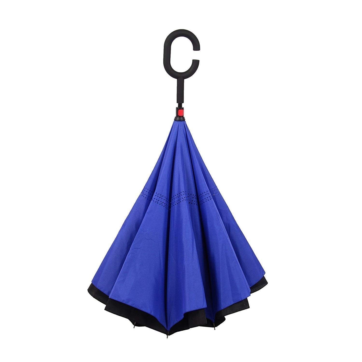 Wukusy 6211 plain windproof upside down reverse umbrella with C-shaped handle, open to show its reverse design and sturdy construction.