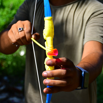 Wukusy plastic archery toy set with bow, 3 arrows, target board, and a small toy knife for children.