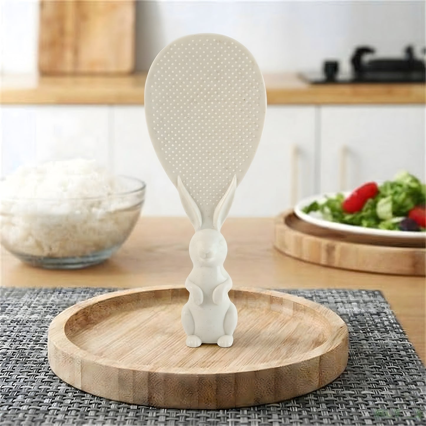 Wukusy cute bunny handle non-stick rice serving spoon with pink bunny design and ergonomic handle, ideal for serving rice.