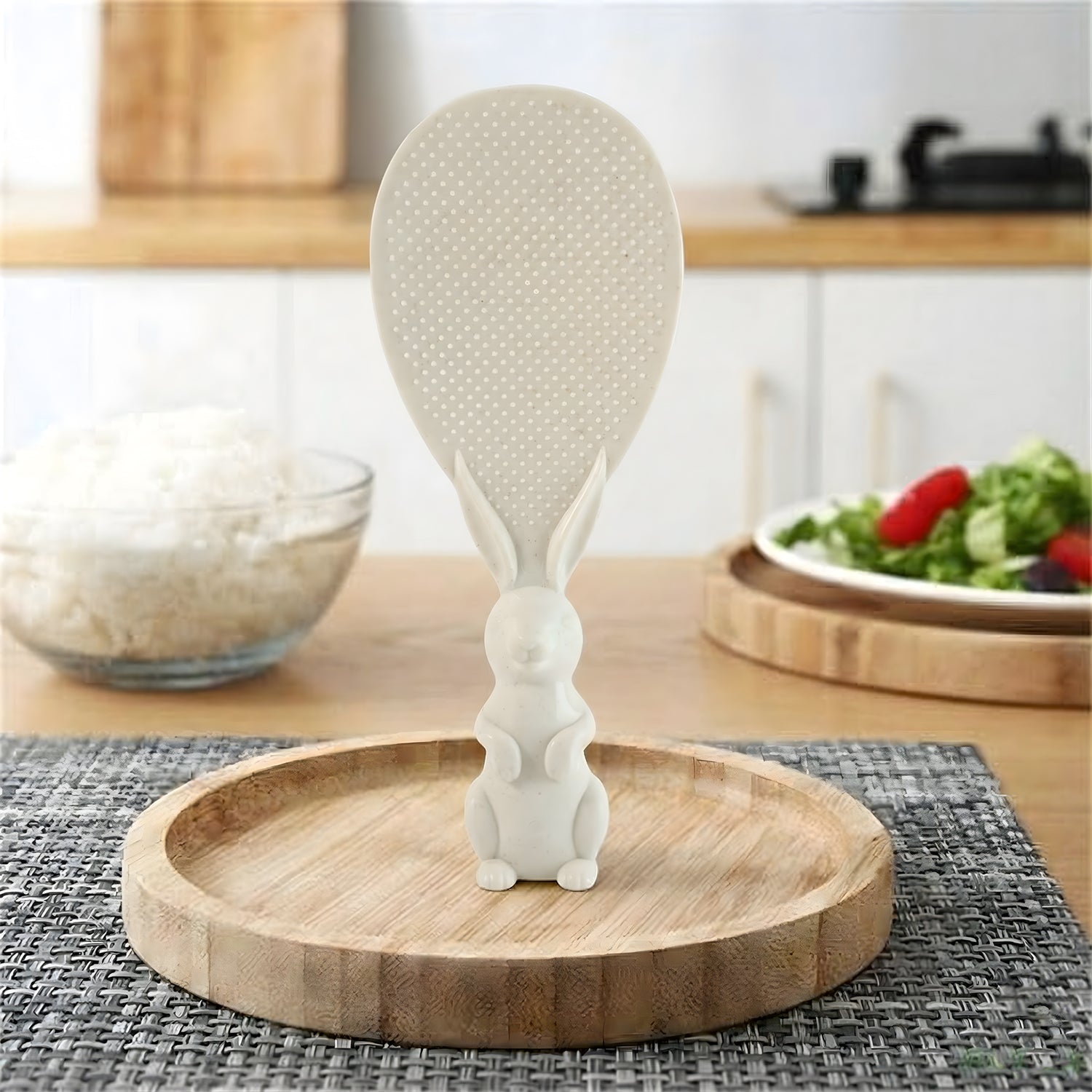Wukusy cute bunny handle non-stick rice serving spoon with pink bunny design and ergonomic handle, ideal for serving rice.