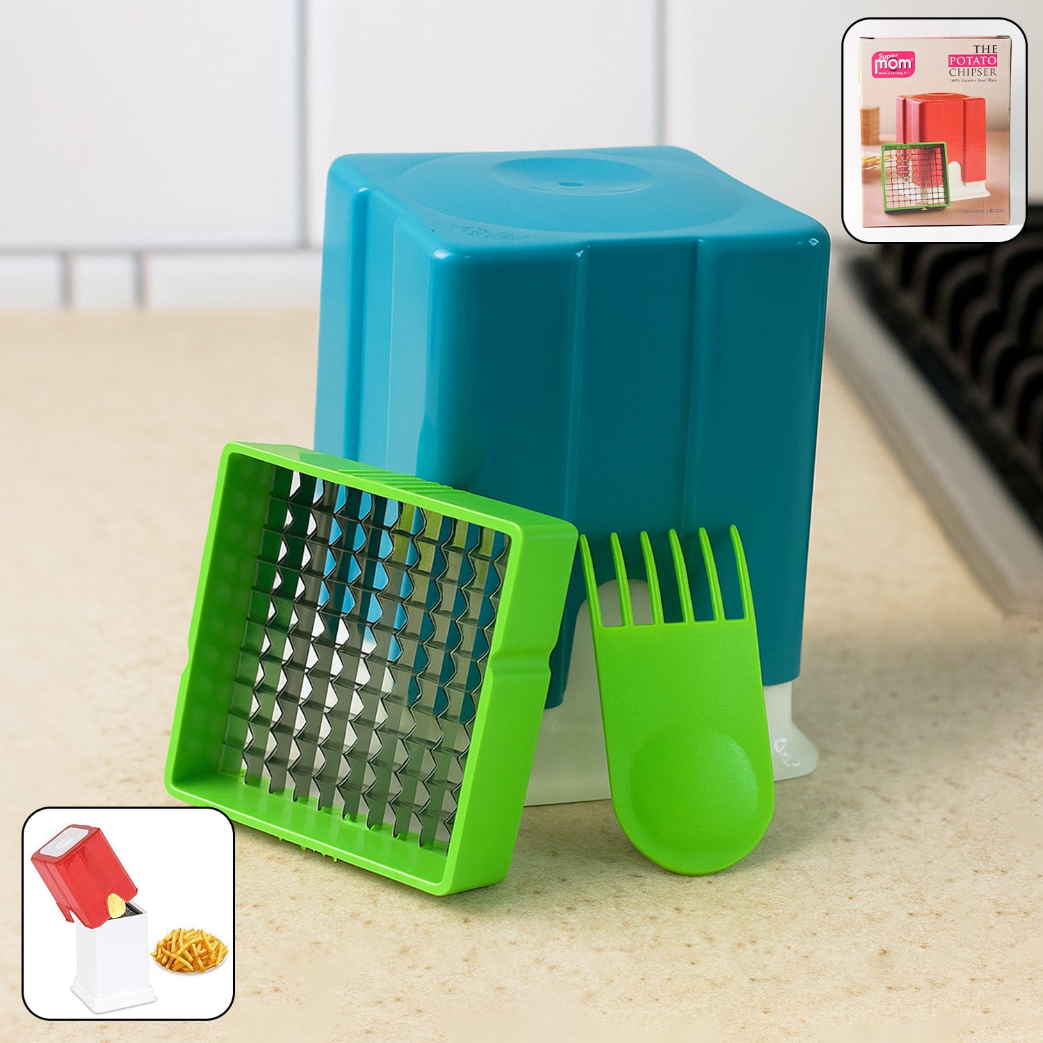 Wukusy Supermom Potato Chipper Cutter for home use, shown with stainless steel blades and ergonomic handle for easy potato slicing.