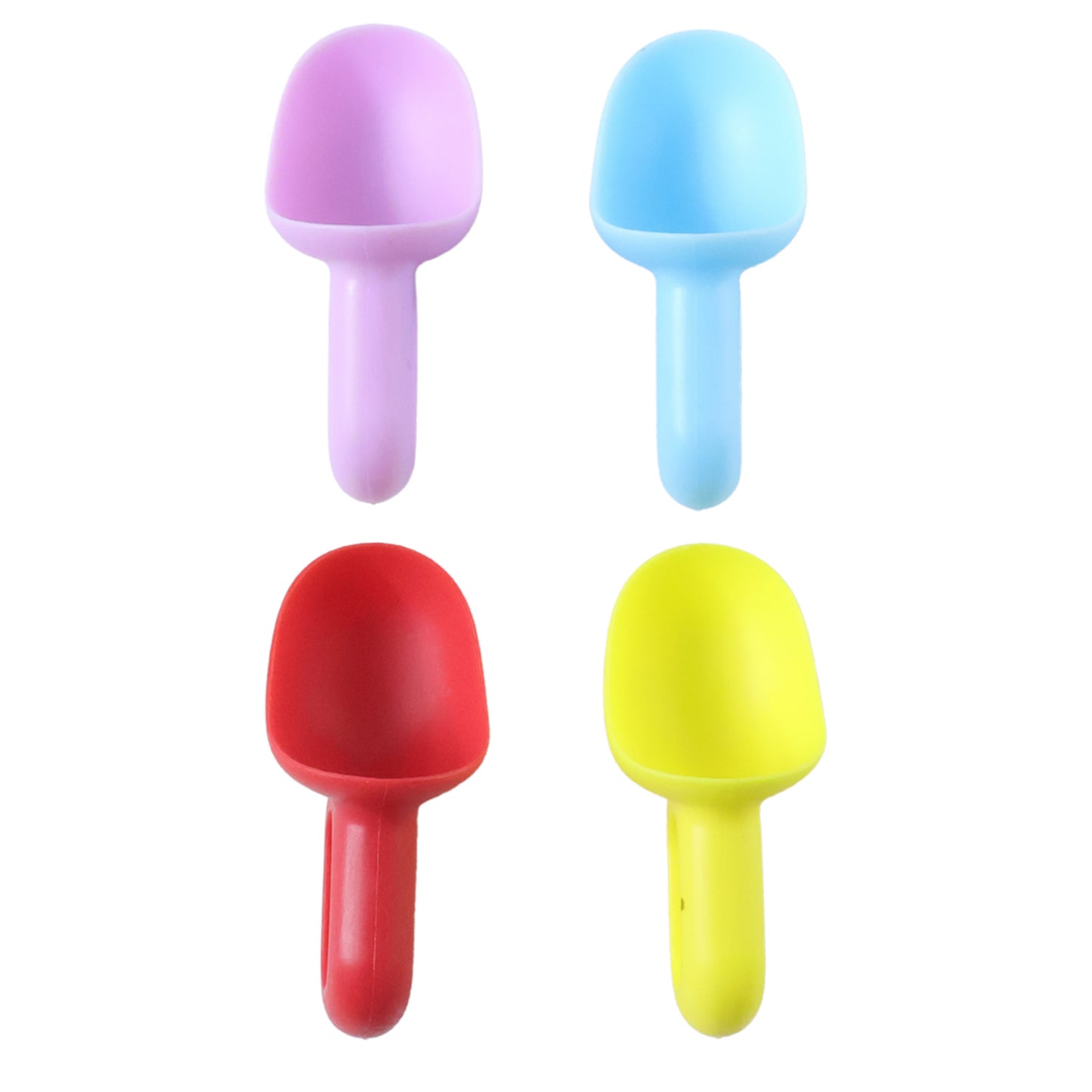 Wukusy 4-piece plastic ice cream scoop set with colorful handles, ideal for serving ice cream and frozen desserts.