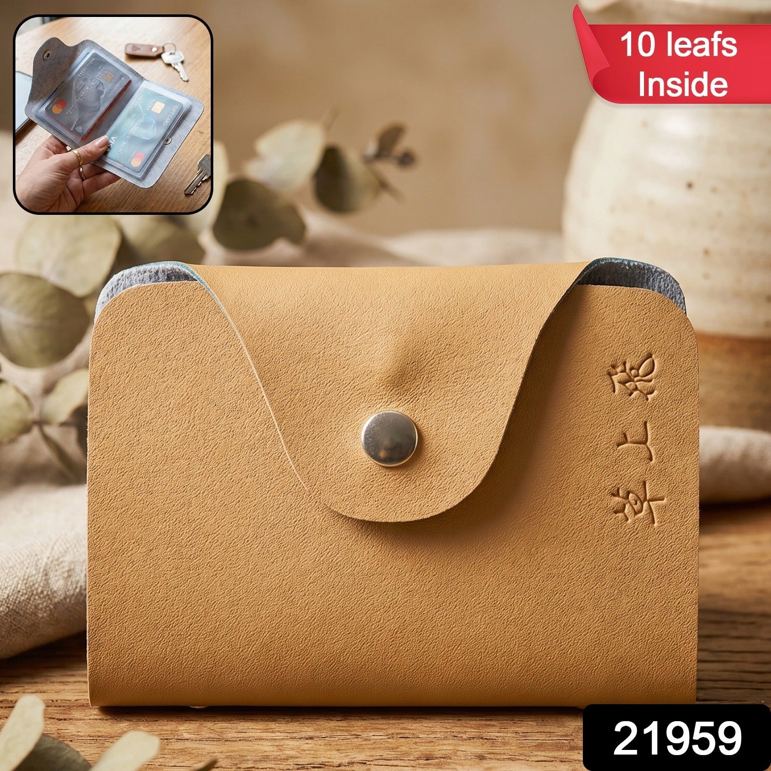 Wukusy premium leather button closure card holder wallet with 10 inner leafes, compact and stylish for everyday use.