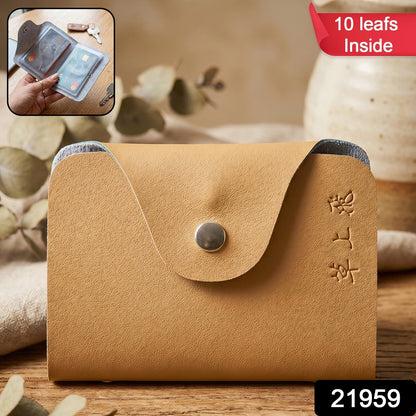 Wukusy premium leather button closure card holder wallet with 10 inner leafes, compact and stylish for everyday use.