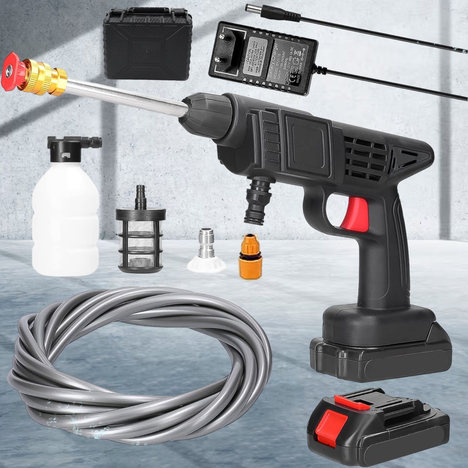 Wukusy 48V Car Washer Gun Water Spray Gun in small box, durable plastic body with adjustable nozzle for car washing.