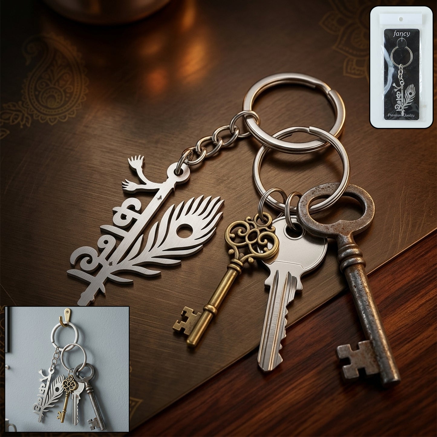 Premium metal Kanha keychain by Wukusy featuring detailed Kanha deity design on a sturdy keychain.