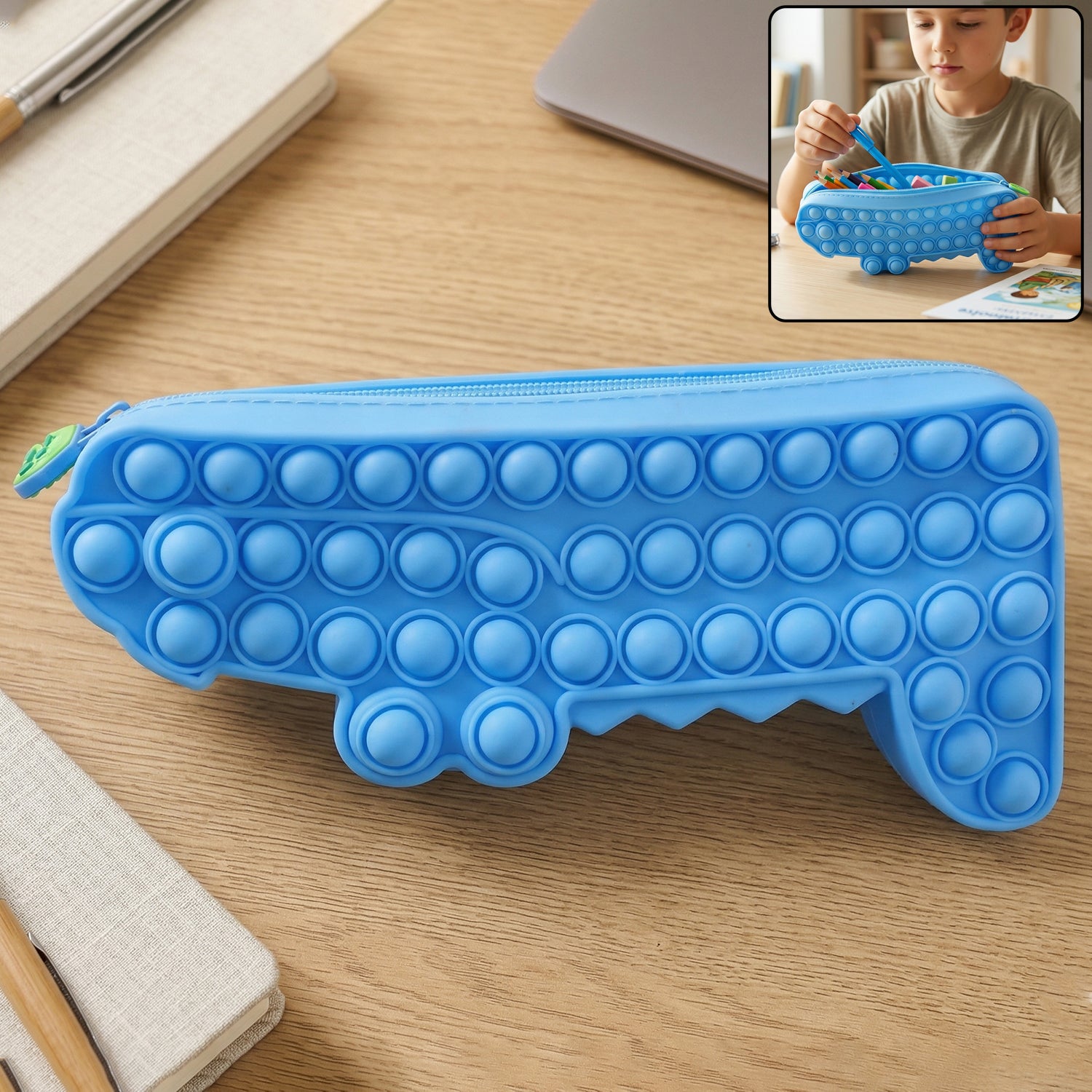 Colorful cartoon crocodile-shaped pop it pencil pouch by Wukusy with playful design and multiple pop it bubbles for stress relief.