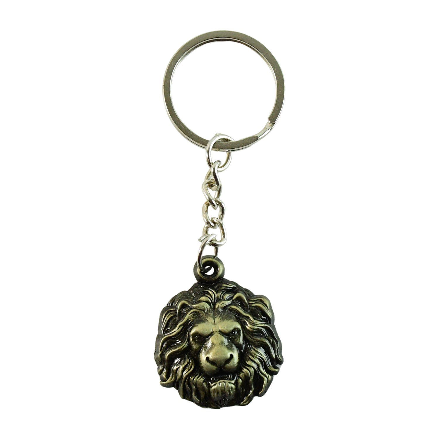 Silver lion head metal keychain from Wukusy featuring a detailed lion face design on a sturdy keyring.