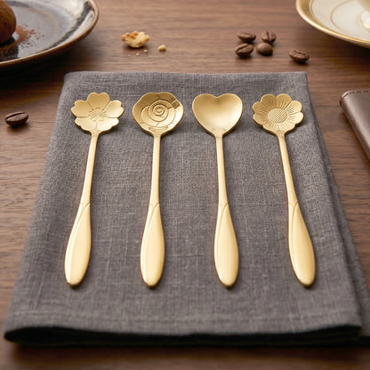 Set of four Wukusy golden mini serving spoons in steel, ideal for desserts, tea, coffee, or home use.