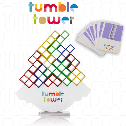 Wukusy Tumble Tower balancing blocks game set with wooden blocks stacked unevenly for fun and skillful stacking play