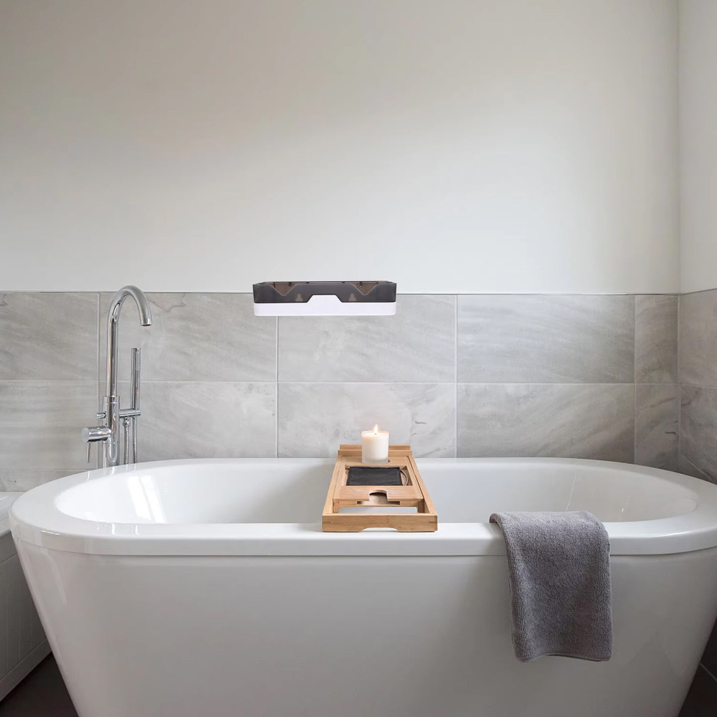 Wall mounted adhesive bathroom shower caddy shelf by Wukusy, made of plastic, for organizing shower essentials.