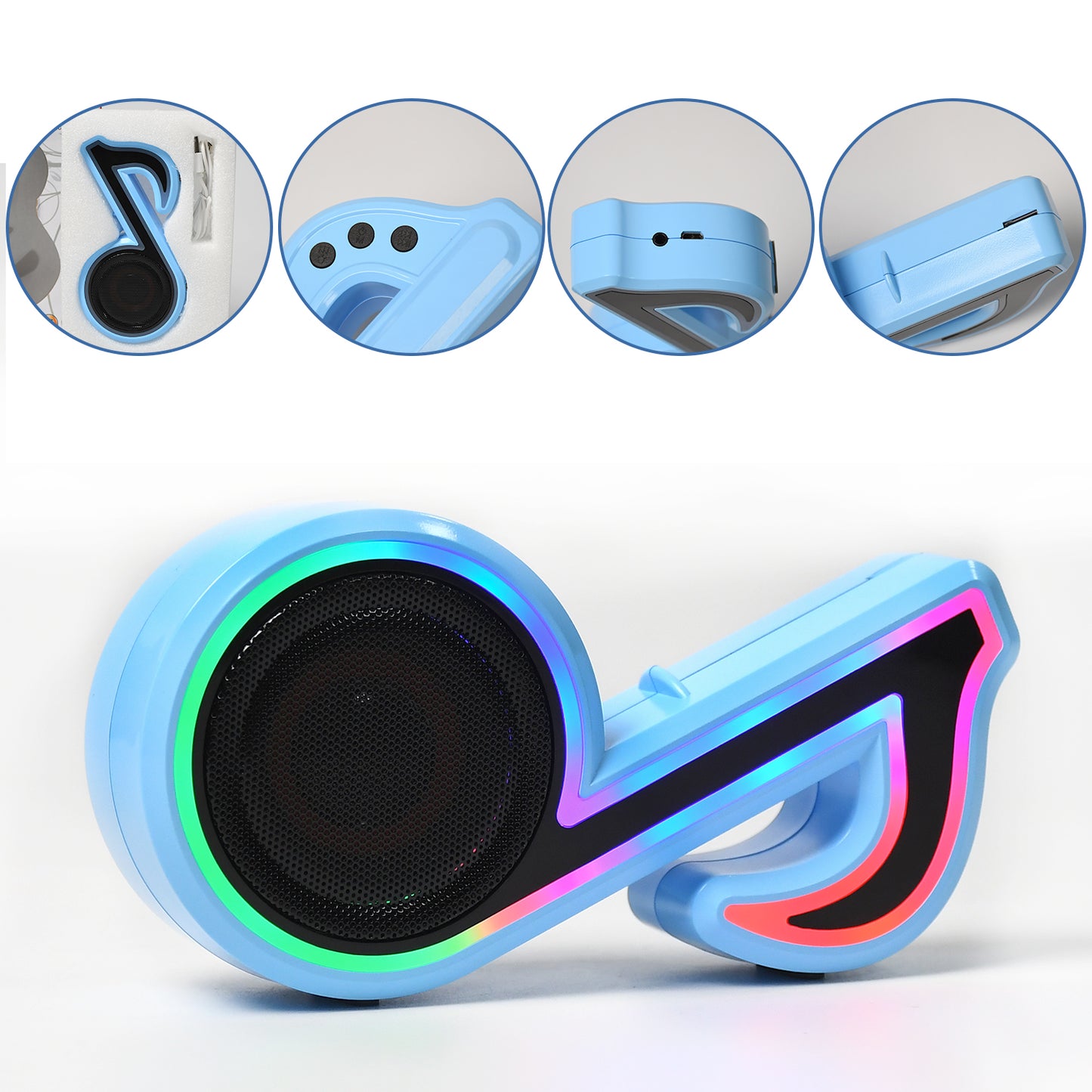 Mini portable Wukusy music note-shaped speaker with colorful LED lighting, compact sound device for computers and phones.