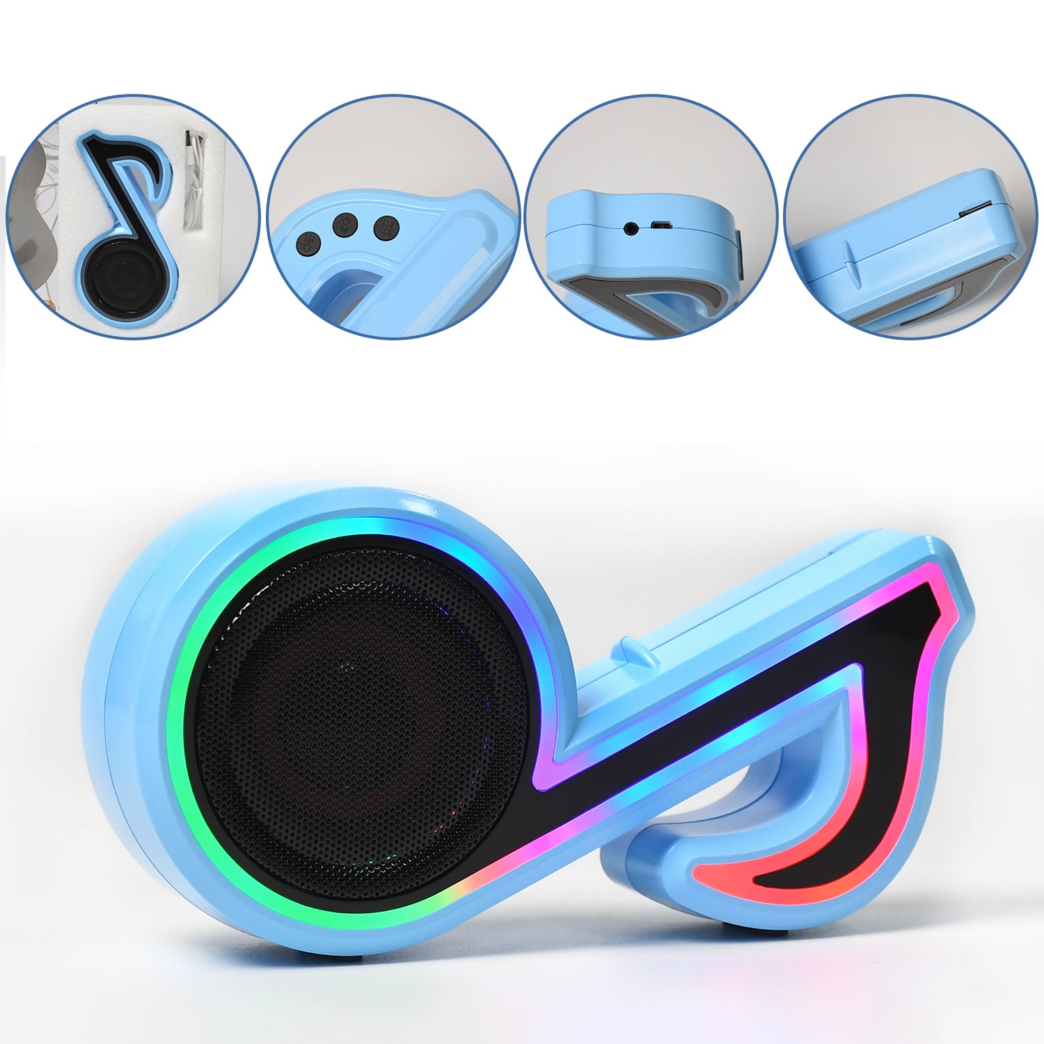 Mini portable Wukusy music note-shaped speaker with colorful LED lighting, compact sound device for computers and phones.