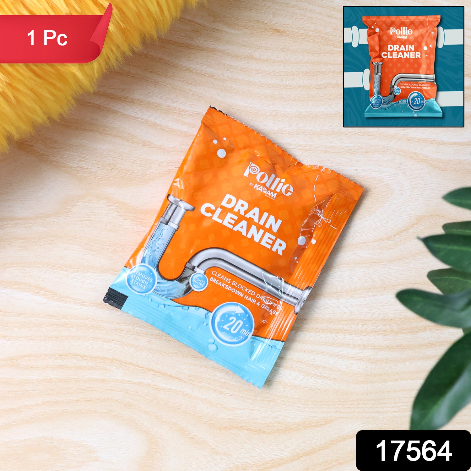 Wukusy Pollic Kadam powerful drain cleaner sachet, 50g, used for clearing clogged kitchen or bathroom drains.