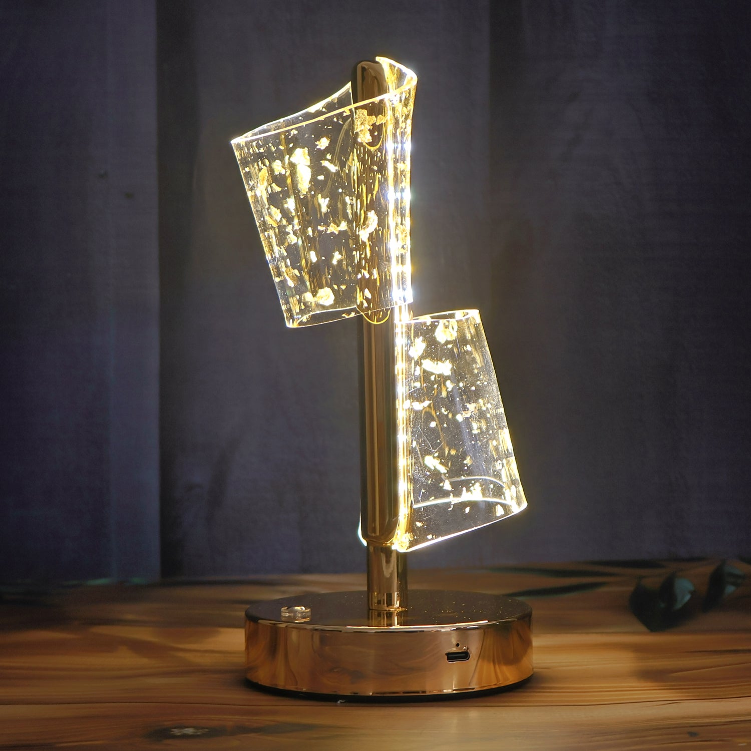 Luxury golden crystal LED double shade table lamp by Wukusy, home decor with elegant design and sparkling crystal accents.