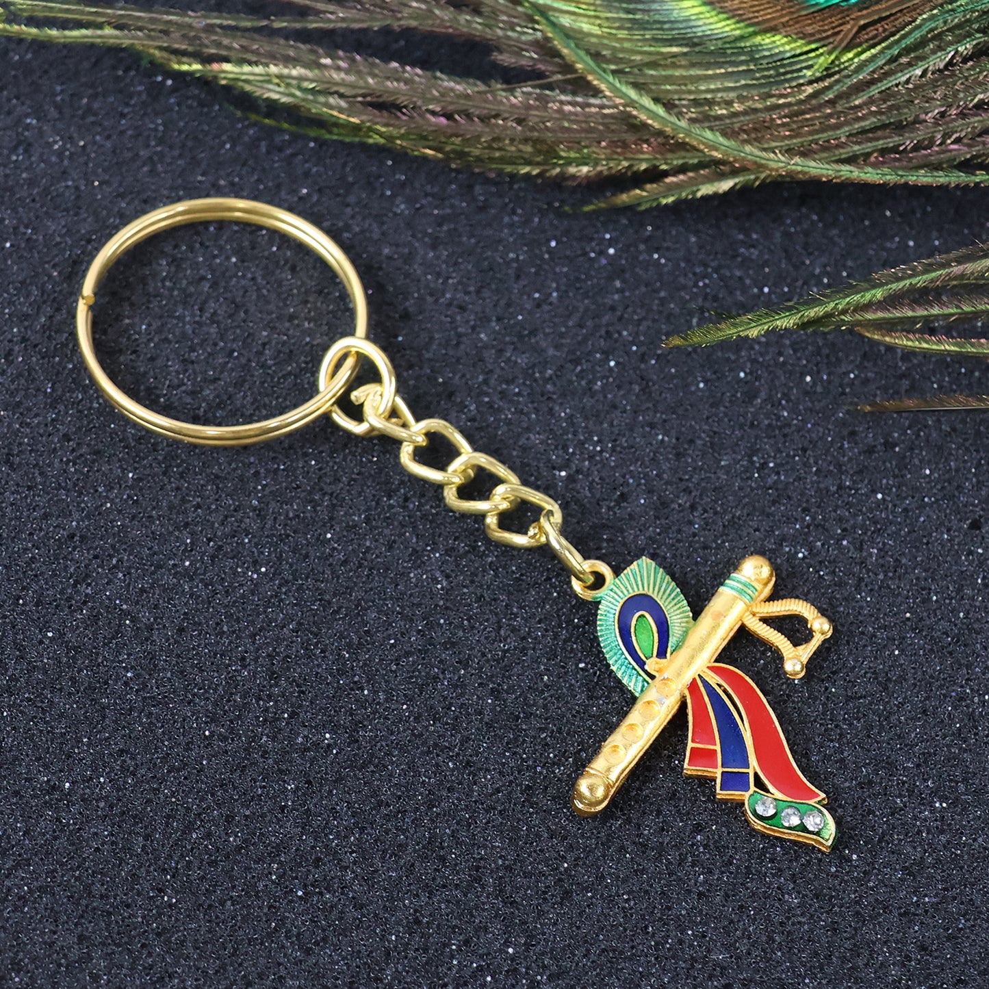Wukusy Krishna flute with peacock feather design keychain, detailed miniature musical instrument accessory for decoration or gifting