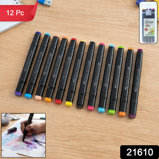 Wukusy acrylic dual tip watercolor marker set with 12 vibrant pens, featuring fine and broad tips for versatile art and lettering.