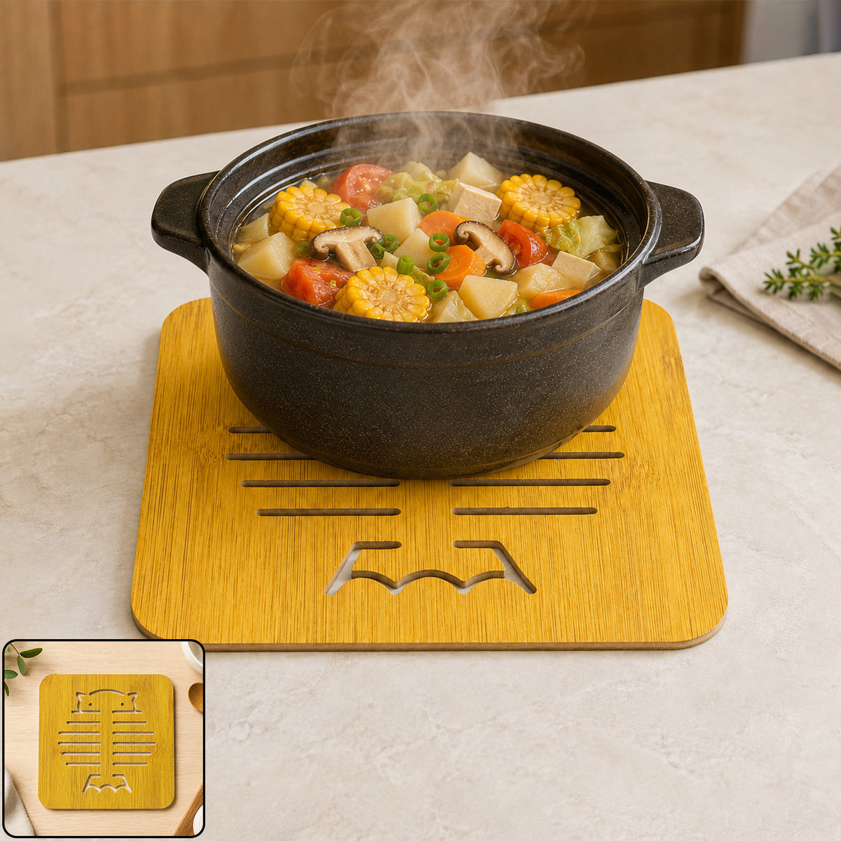 Square Wooden Trivet Mat With Cut Out Design For Hot Pots (1 Pc)