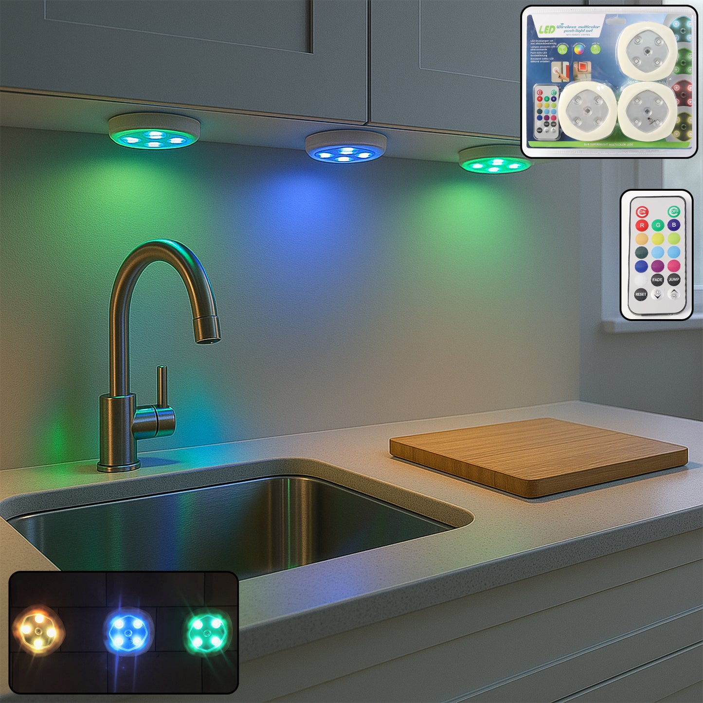 Wukusy multicolor remote control LED touch light set with adjustable colors and brightness, displayed on a modern tabletop.