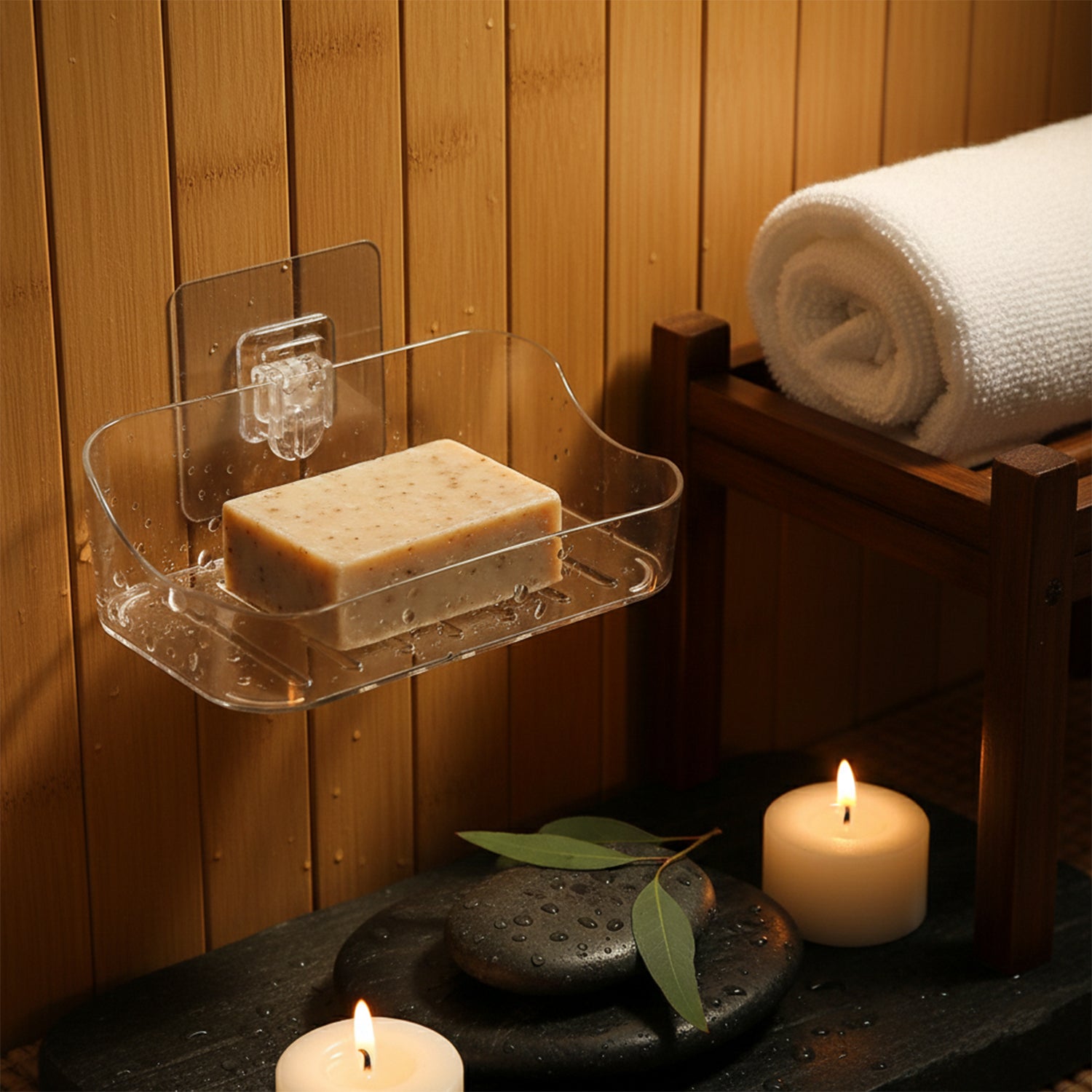 Wall-mounted transparent soap dish holder set by Wukusy, made of clear plastic for bathroom or kitchen use.