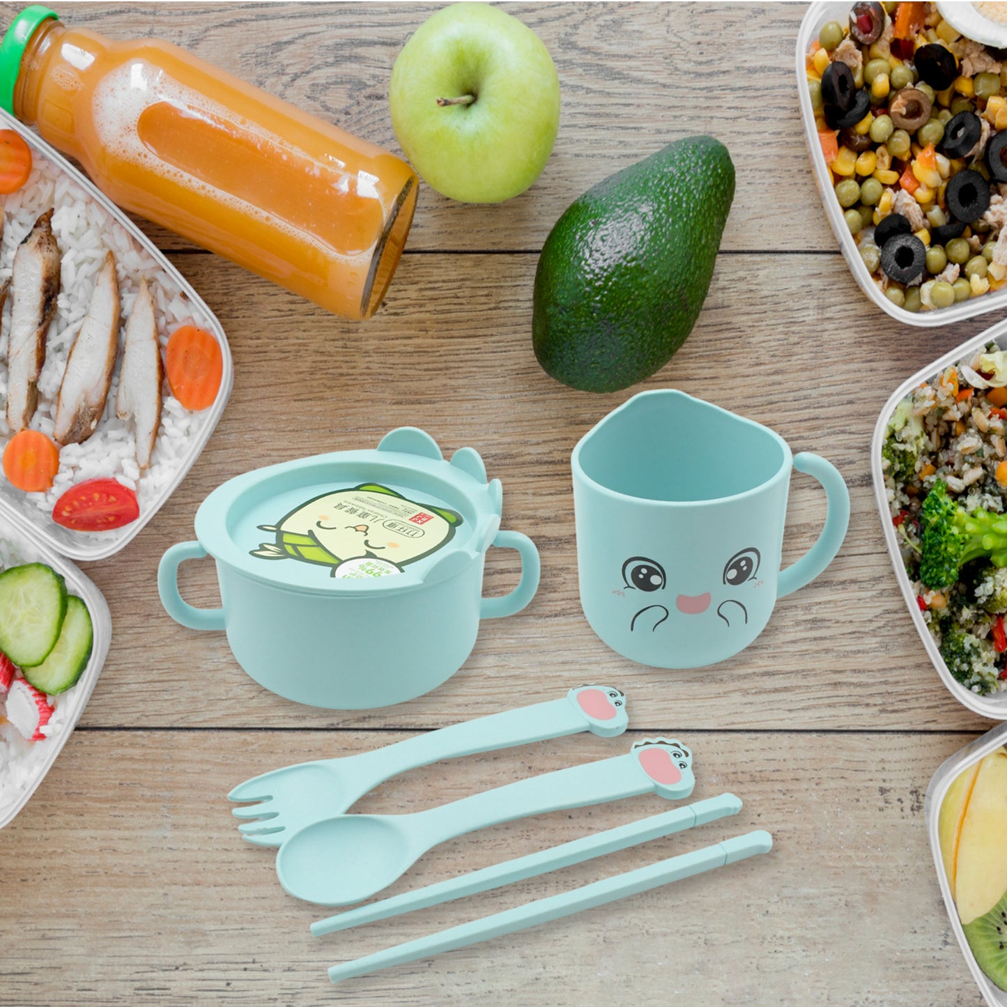 Wukusy bamboo fibre baby feeding set with cartoon design including plate, cup, spoon, fork, chopsticks, microwave and dishwasher safe