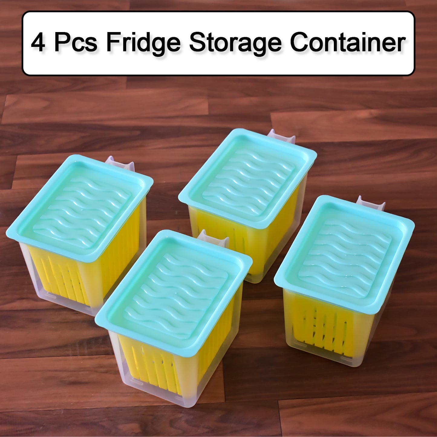 Set of four Wukusy plastic fridge storage containers with handles, ideal for organizing kitchen food and leftovers.