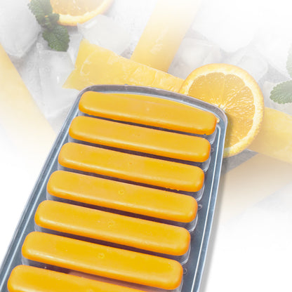 Wukusy 7166 water bottle long stick ice cube trays, colorful silicone bottom, with push pop-out design for narrow ice sticks.