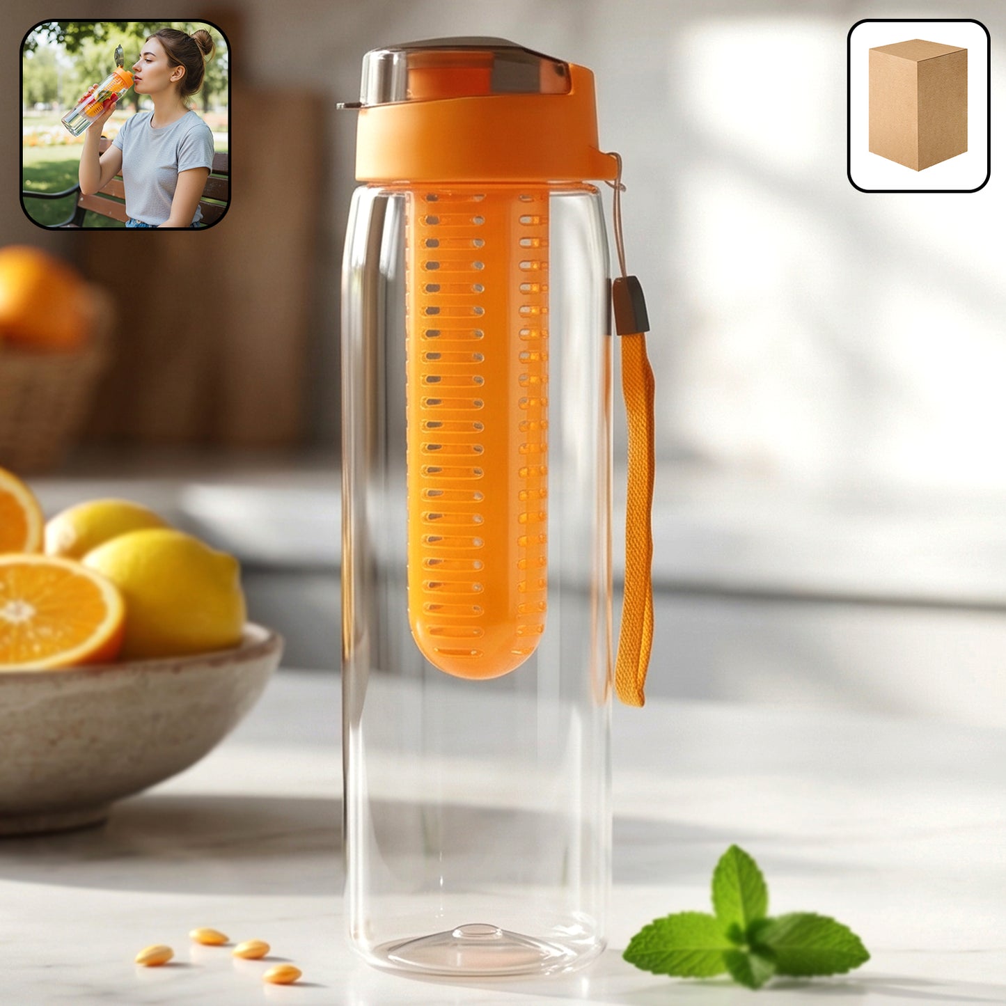 Wukusy premium 1200ml fruit infuser water bottle with clear body and black lid, perfect for infused water on the go