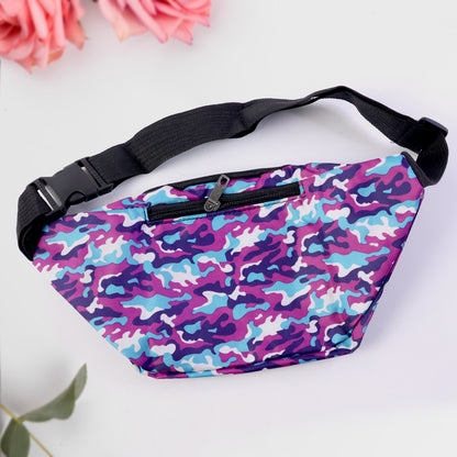 Camouflage print waist bag by Wukusy with adjustable strap and zipper pocket, ideal for casual outdoor use.