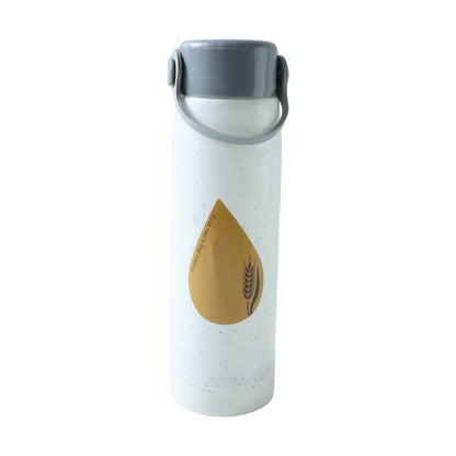 Wukusy premium glass water bottle with mobile phone holder, 380ml capacity, showing clear glass bottle with attached phone holder