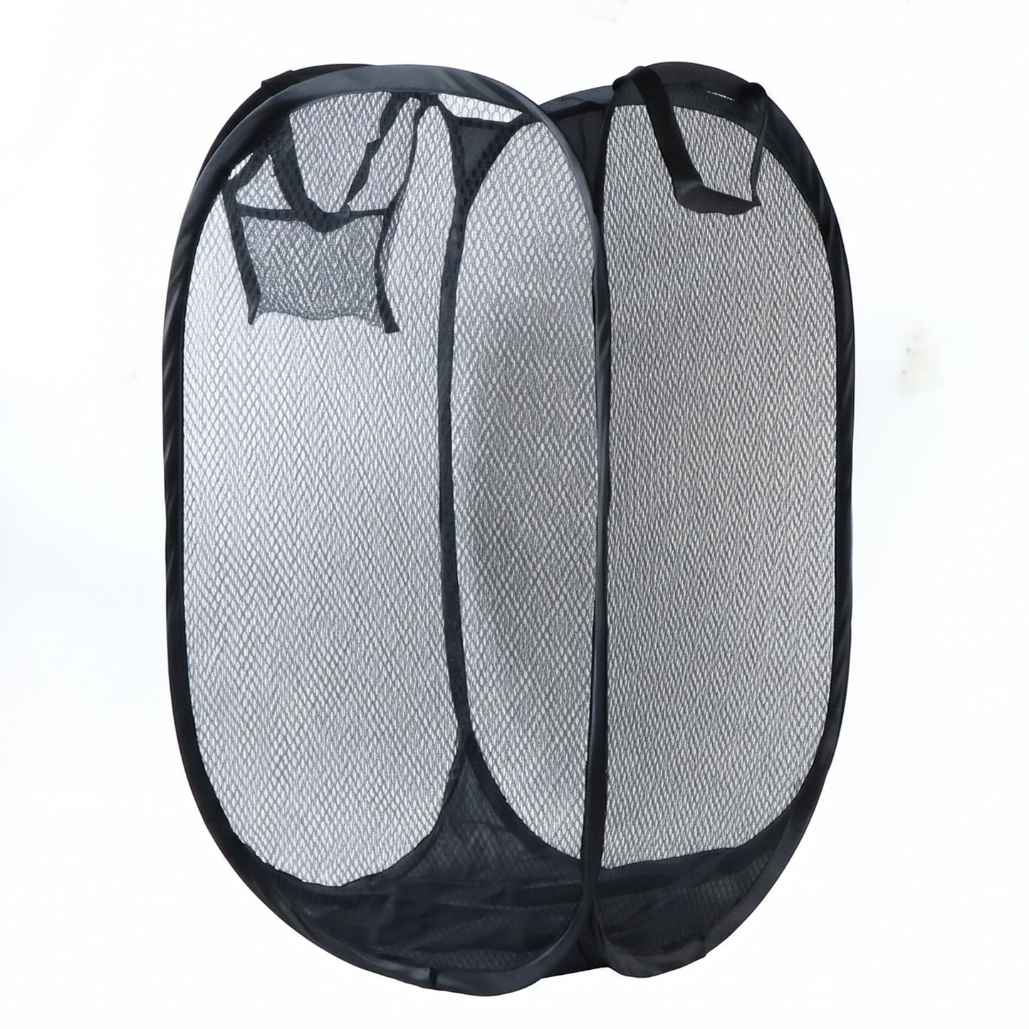 Wukusy collapsible mesh laundry hamper, portable clothes storage basket in gray mesh with handles, 34x34x57cm.