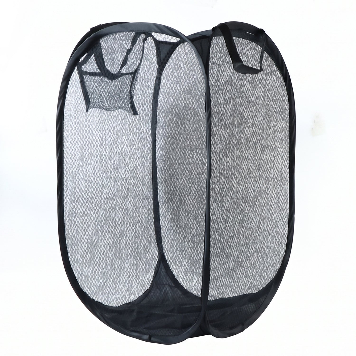 Wukusy collapsible mesh laundry hamper, portable clothes storage basket in gray mesh with handles, 34x34x57cm.
