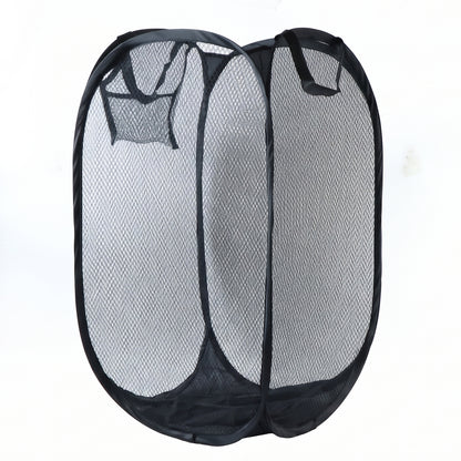 Wukusy collapsible mesh laundry hamper, portable clothes storage basket in gray mesh with handles, 34x34x57cm.