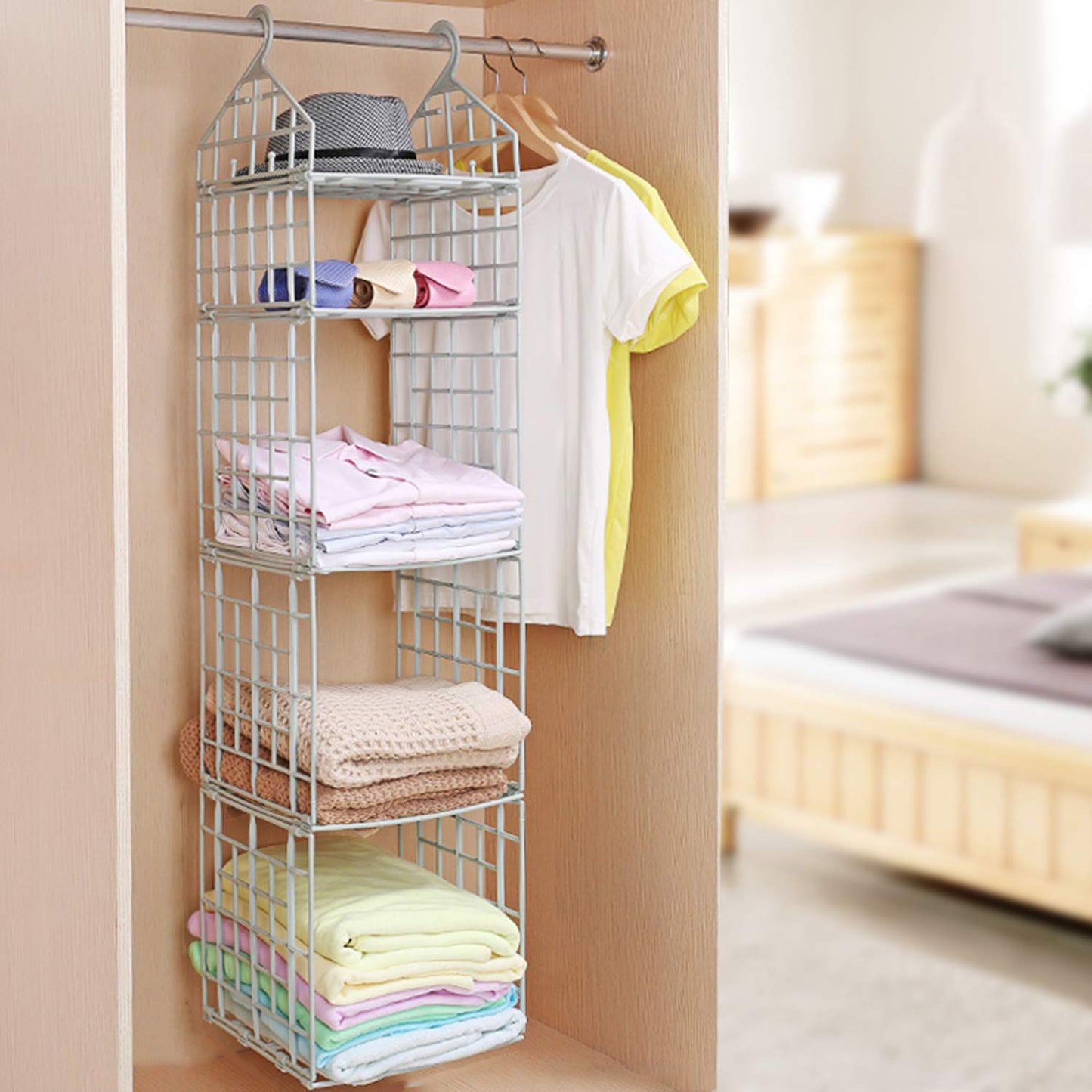Wukusy 4526 multipurpose 5-layer folding clothes storage rack with shelves for socks, scarves, T-shirts, and wardrobe organization.