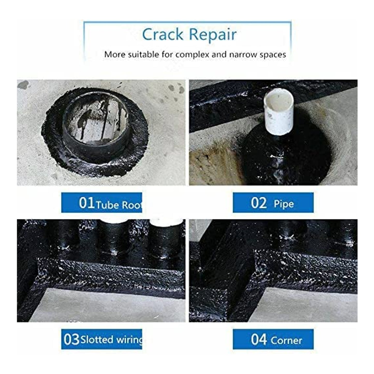 Wukusy Waterproof Leak Filler Spray Rubber Flexx sealant in black, 450ml, showing spray nozzle and repaired crack on a surface