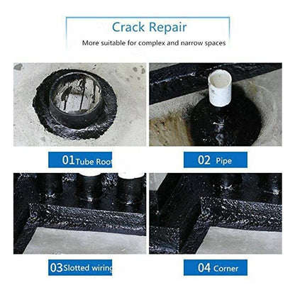 Wukusy Waterproof Leak Filler Spray Rubber Flexx sealant in black, 450ml, showing spray nozzle and repaired crack on a surface