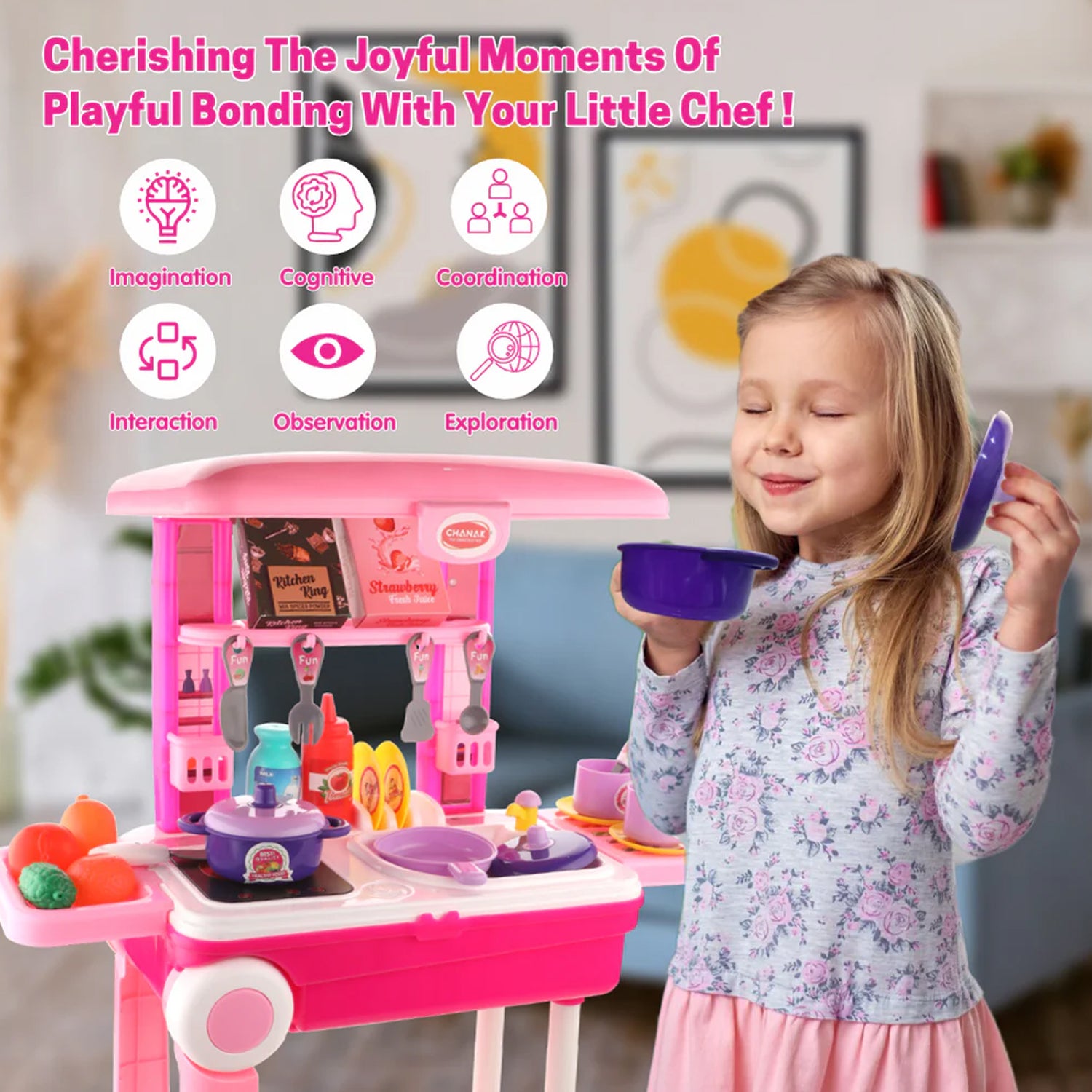 Wukusy 3-in-1 kids' kitchen set with pretend play toys, including utensils and cookware in a portable suitcase for children.