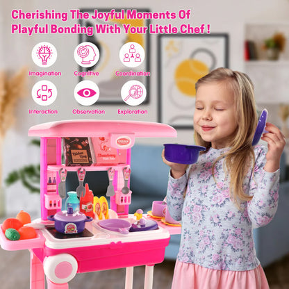 Wukusy 3-in-1 kids' kitchen set with pretend play toys, including utensils and cookware in a portable suitcase for children.