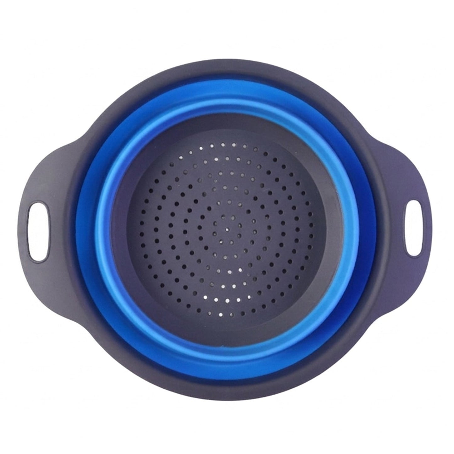 Foldable silicone kitchen strainer with handles, space-saving design by Wukusy, suitable for draining and rinsing food easily.