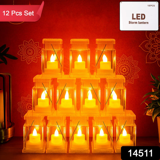 Set of 12 Wukusy LED storm lantern decorative lights for home decor, featuring rustic metal and warm glowing bulbs.