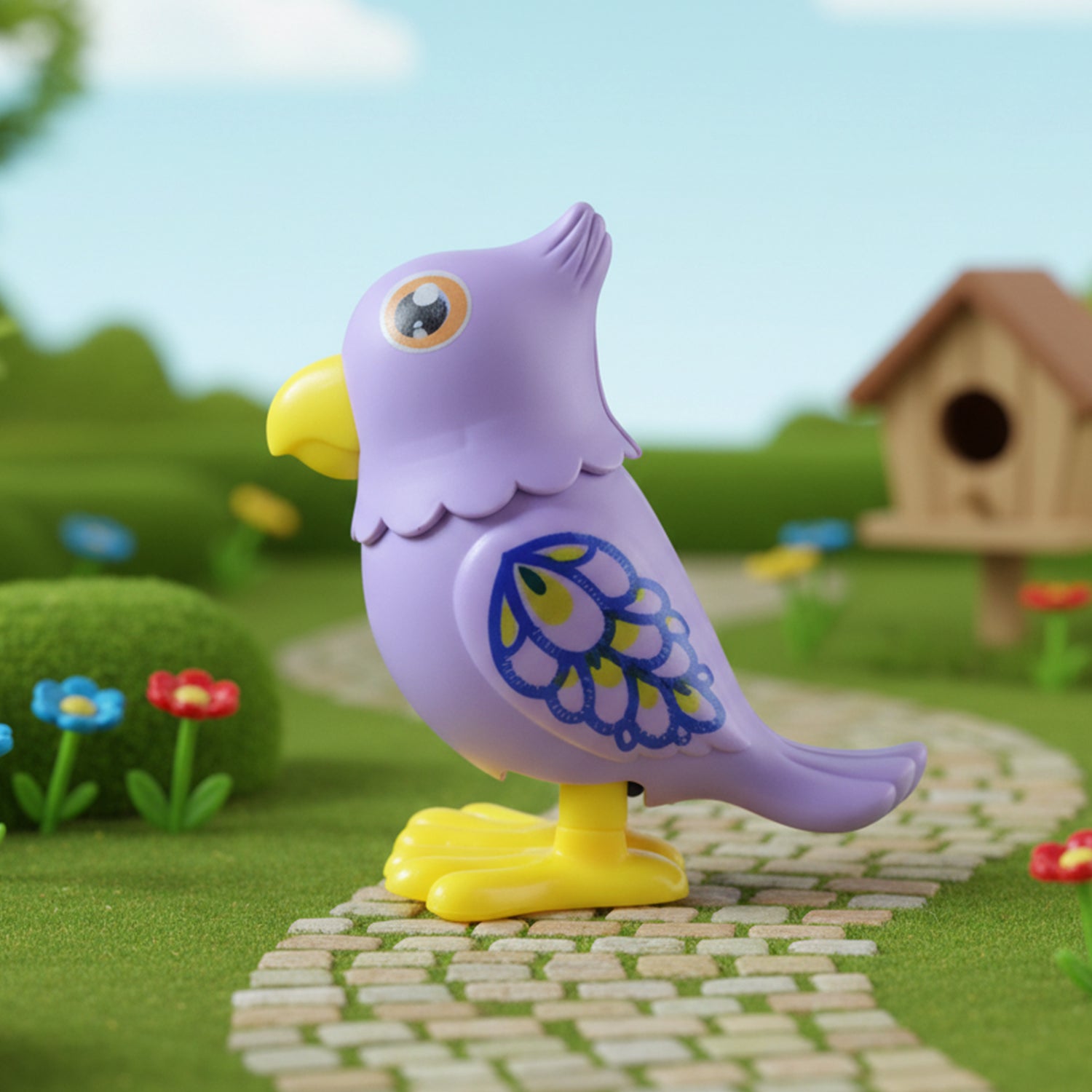 Colorful Wukusy key-operated jumping bird toy for kids, featuring a playful design and vibrant colors in a close-up view.