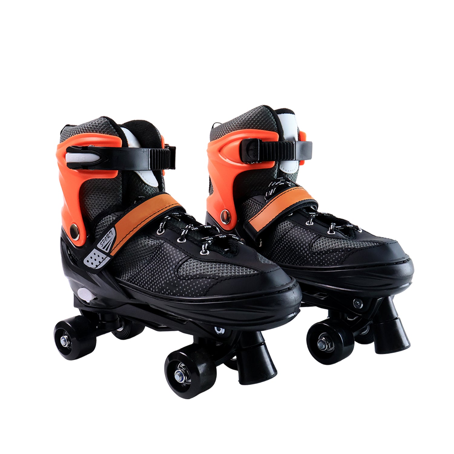 Pair of Wukusy 19401 KNX XL adjustable quad roller skates for sports, featuring large wheels and supportive ankle straps.